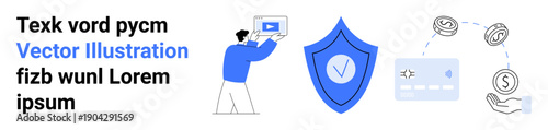 Person holding laptop, shield icon, money transaction elements, and credit or debit card graphic. Ideal for digital security, online payment, financial technology, cyber protection, banking apps