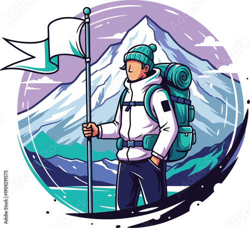 A cartoon character in a snowy mountainous landscape with a tent and ski pole