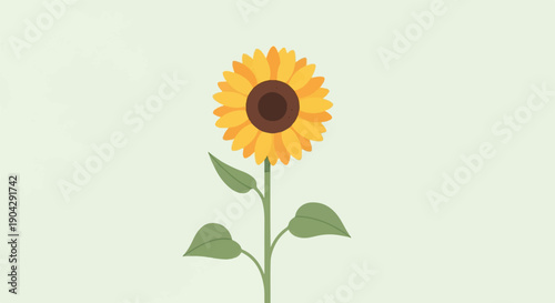 A single, vibrant sunflower with green leaves and stem against a light green background