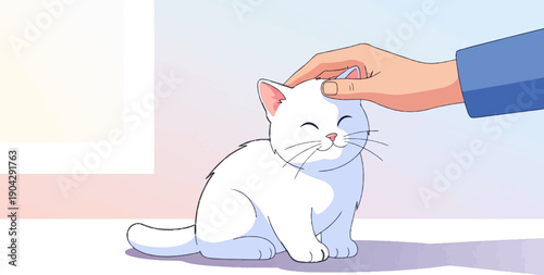 A person gently pets a contented white cat in a soft, pastel environment