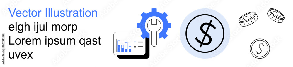 Fototapeta premium Finance, economic strategy, business workflow, fintech, investment planning, and data analysis. Illustrated tools include a chart, dollar sign gear and coins. Finance and business concepts