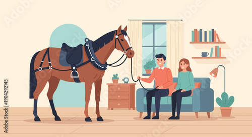 A person leads a horse indoors while another sits on a couch