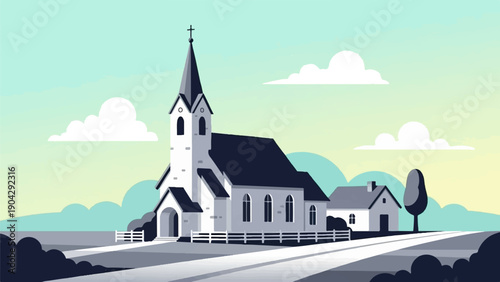 A serene countryside scene featuring a white church and neighboring house