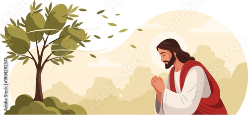 A serene figure in red and white robes clasps hands in prayer beside a windswept tree