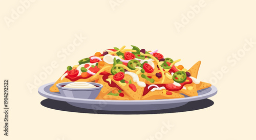 A piled plate of nachos with dips, jalapeños, tomatoes, and onions