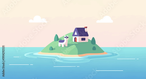 A small house and a creature on a green island in the ocean