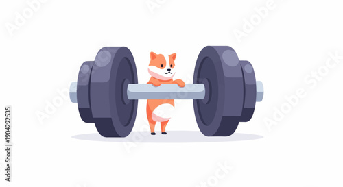 A small orange and white dog is lifting a large barbell