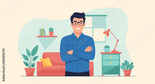 A smiling man with glasses stands with crossed arms in a cozy room