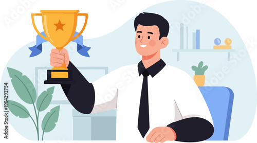 A smiling person in a white shirt and tie holds up a golden trophy, indoors