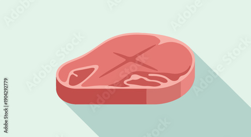 A raw red meat steak, flat design, with a long shadow on a light blue background