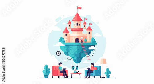 A whimsical scene with a floating castle and people working from home