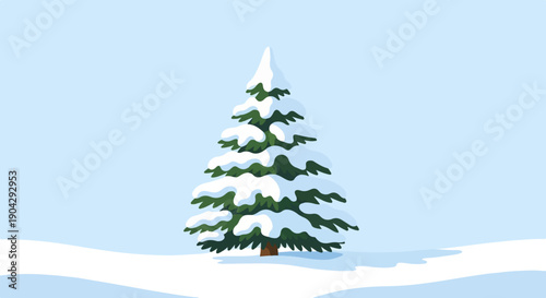 A solitary pine tree, laden with snow, stands on a gentle winter slope