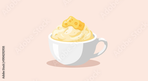 A white cup filled with creamy yellow mashed potatoes and a cheese topping