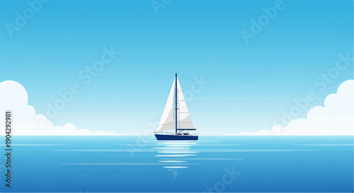 A solitary sailboat glides across a tranquil blue ocean under a clear sky
