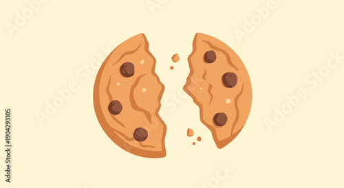 A simple illustration of a chocolate chip cookie broken in half