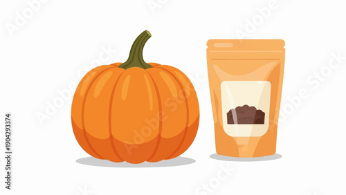 A whole pumpkin rests beside a package of brown ingredients