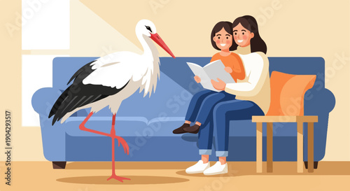 A woman and child read on a couch with a stork beside them
