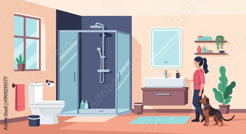 A woman and dog in a modern bathroom with a shower, sink, and toilet