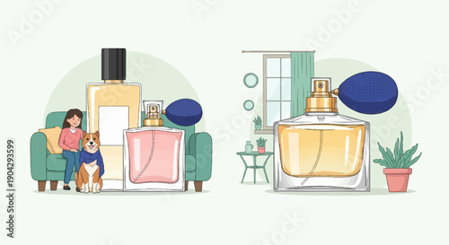 A woman and her dog pose with perfume bottles near a window