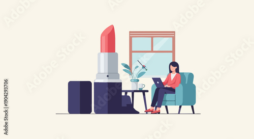 A woman works on her laptop in a room with a large lipstick