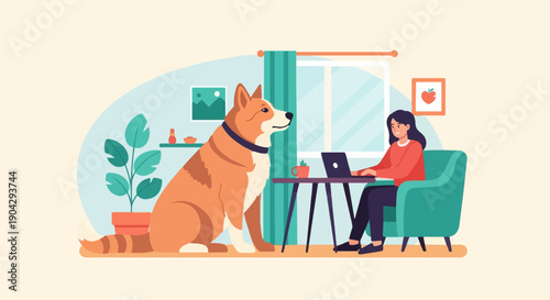 A woman works on her laptop while her large dog sits beside her indoors