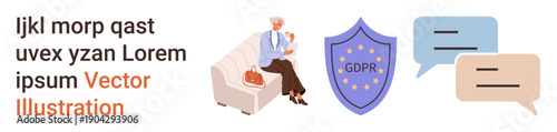 Privacy protection, data security, conversation, information exchange, communication, digital safety. Elderly woman on sofa, GDPR shield speech bubbles. Privacy protection and data security concept