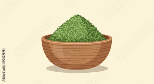 A wooden bowl filled with chopped green herbs on a light yellow background