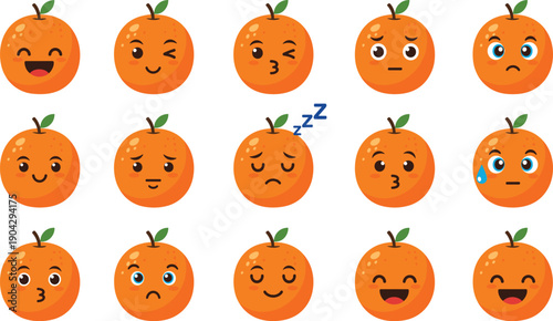 Cute Orange Fruit Emoji Vector Set with Funny Facial Expressions, Emotions, and Cartoon Faces for Stickers, Kids Designs, and Food Branding