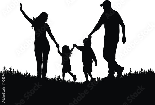 Happy Family Silhouette Holding Hands Outdoors