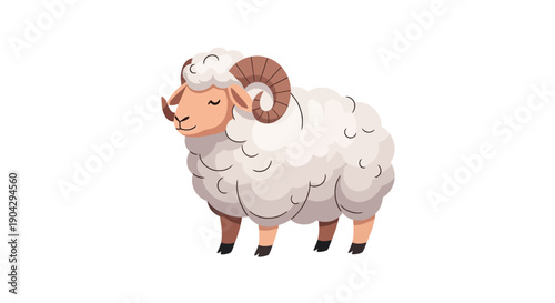 Cartoon-style illustration of a sheep with curved horns and fluffy wool standing against a clean white background.