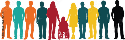 Diverse people silhouette collection illustration, men women disabled child standing vector set, inclusive community colorful figures isolated design