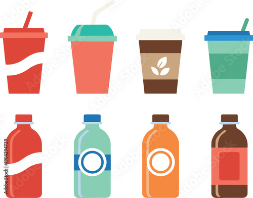 Drink beverage bottles and cups illustration set, takeaway coffee soda juice containers vector icons, refreshment packaging collection design