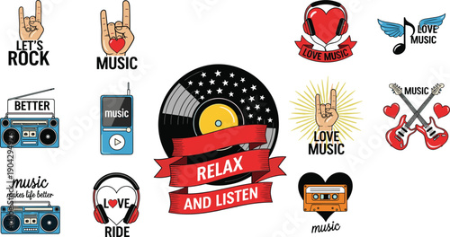 Music themed retro icons illustration set, vinyl record headphones cassette guitar boombox symbols, love music typography vintage collection