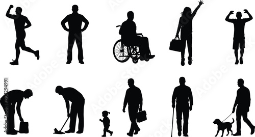 People silhouette activities collection illustration, walking running wheelchair cleaning family dog vector set, human lifestyle shadow figures design