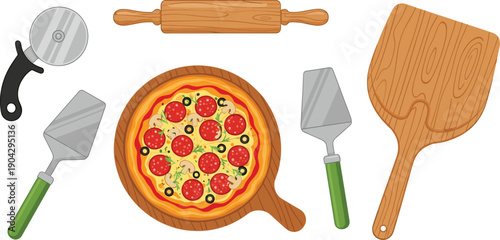 Pizza preparation tools illustration set, Italian food cooking utensils cutter spatula rolling pin board vector kitchen collection