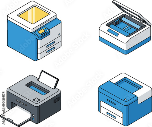 Printer machine icons illustration set, office printing equipment laser inkjet copier devices vector, business technology collection design