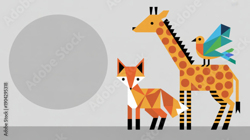 Colorful cartoon fox and giraffe friends.