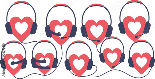 Headphones with Heart Vector Illustration Set Showing Love for Music, Audio Listening, Streaming Services, and Emotional Sound Connections