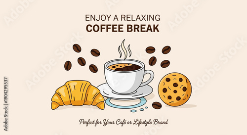 A comforting coffee break scene featuring a warm beverage, golden croissant, and delicious cookie, ideal for cafe promotions and relaxing lifestyle concepts