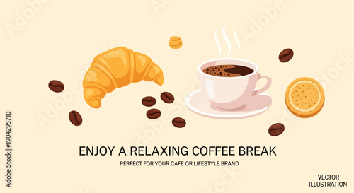 An inviting illustration of a delightful coffee break featuring a steaming cup, golden croissant, and scattered beans for a cozy experience