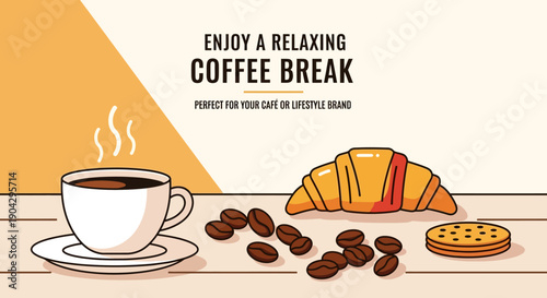 Enjoy A Relaxing Coffee Break With A Delicious Croissant And A Biscuit