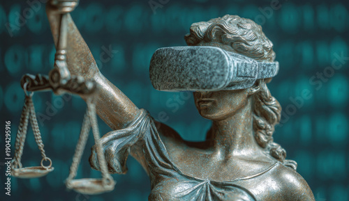 Statue of lady justice wearing a virtual reality headset holding scales in a symbolic representation of modern legal technology