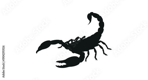 A stark silhouette of a scorpion is prominently displayed against a clean solid white background showcasing its form