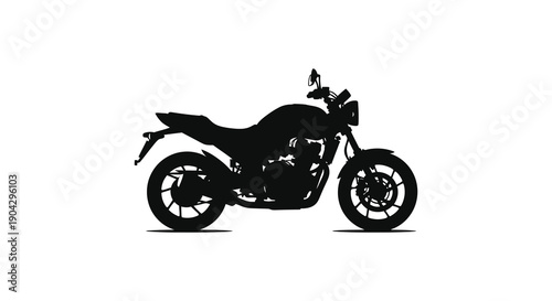 A stark silhouette of a modern motorcycle is presented against a clean bright white background emphasizing form
