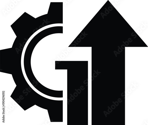 Gear logo, letter G, upward arrow, growth symbol, technology design, engineering concept, productivity icon, industrial progress, innovation graphic, business improvement