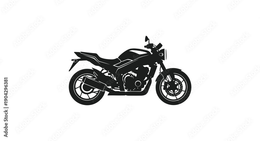 Obraz premium A stark silhouette of a modern motorcycle is presented against a clean bright white background emphasizing form
