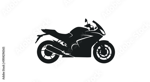 A stark black silhouette of a modern sportbike is prominently displayed against a clean white background high quality