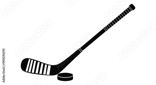 A simple black and white illustration depicts a hockey stick angled diagonally with a puck nearby high quality professional detailed