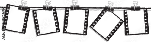Hanging Photo Frames on Clips, Film Strip Style Empty Picture Frames Isolated on White Background