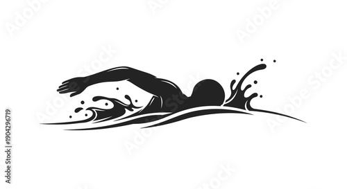 A striking black silhouette depicts a swimmer in motion powerfully cutting through water with splashing waves high quality